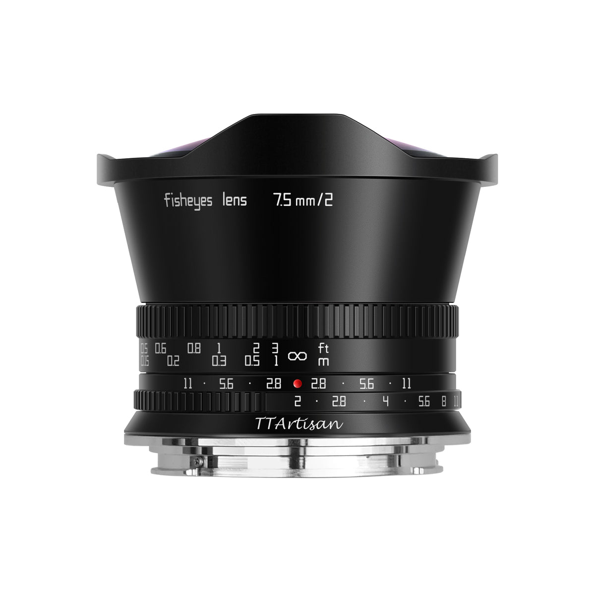 TTArtisan 7.5mm f/2 fisheye lens, front view with focus and aperture scales