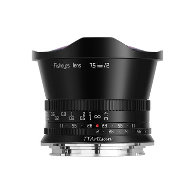 TTArtisan 7.5mm f/2 fisheye lens, front view with focus and aperture scales