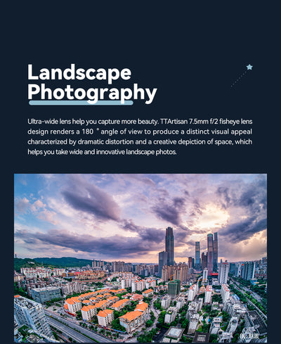 City skyline under dramatic clouds, landscape fisheye sample from the TTArtisan 7.5mm