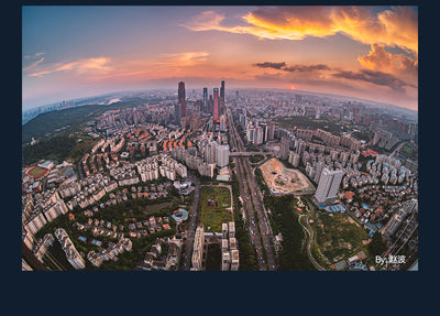 City at sunset from above, 180 degree fisheye sample from the TTArtisan 7.5mm f/2