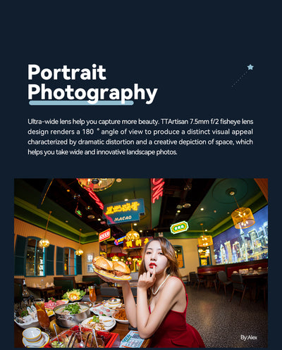 Woman in a red dress holding burgers in a neon restaurant, fisheye sample from the TTArtisan 7.5mm