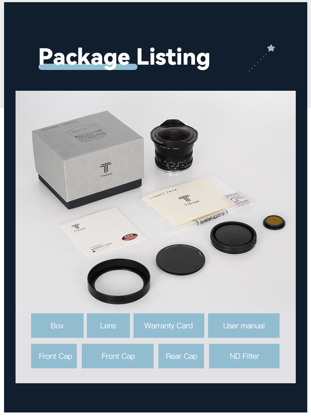 TTArtisan 7.5mm f/2 fisheye package contents: box, lens, caps, ND filter and manuals