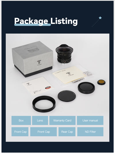 TTArtisan 7.5mm f/2 fisheye package contents: box, lens, caps, ND filter and manuals