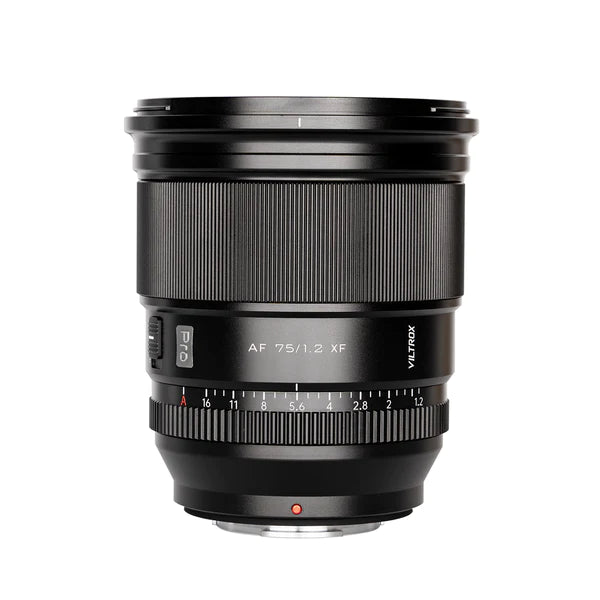 Viltrox AF 75mm f/1.2 Pro XF Fujifilm lens, front view with aperture ring