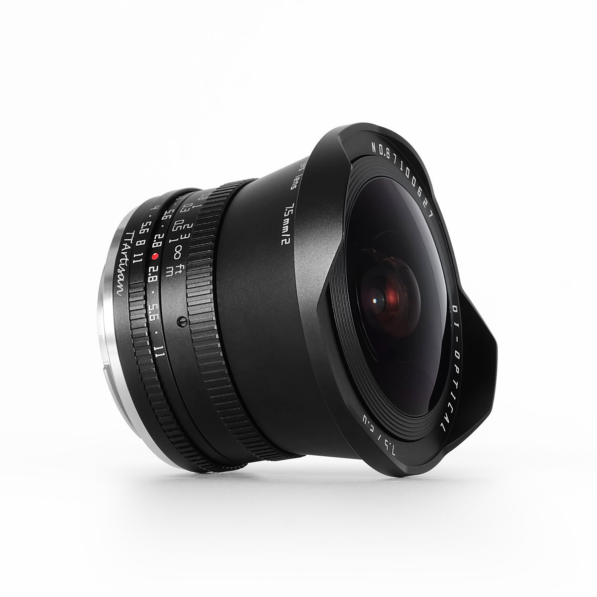 TTArtisan 7.5mm f/2 APS-C fisheye lens, side view with built-in petal hood