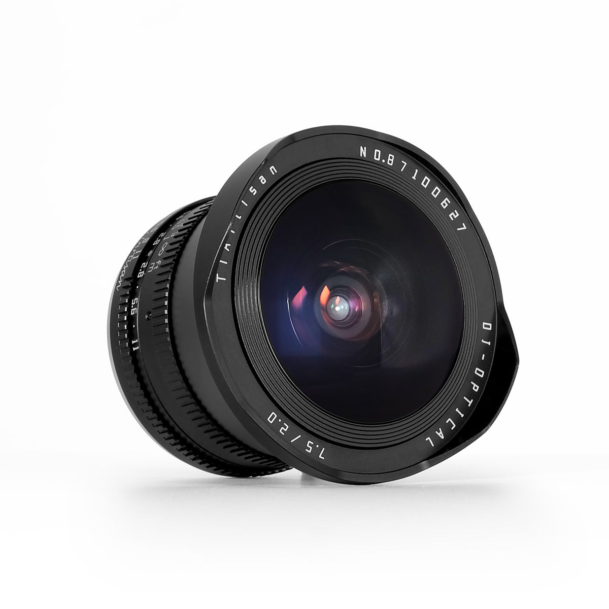 TTArtisan 7.5mm f/2 fisheye lens, angled view of the curved front element