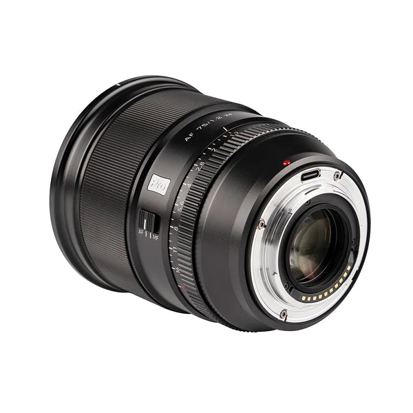 Viltrox AF 75mm f/1.2 Pro Fuji X lens, rear view with AF/MF switch and USB-C port