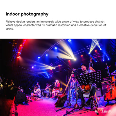 Band on a stage with coloured lights, indoor sample from the TTArtisan 11mm fisheye