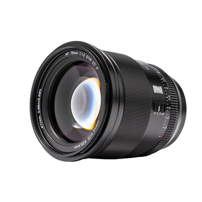 Viltrox AF 75mm f/1.2 Pro XF APS-C autofocus portrait lens for Fujifilm X-mount, angled view