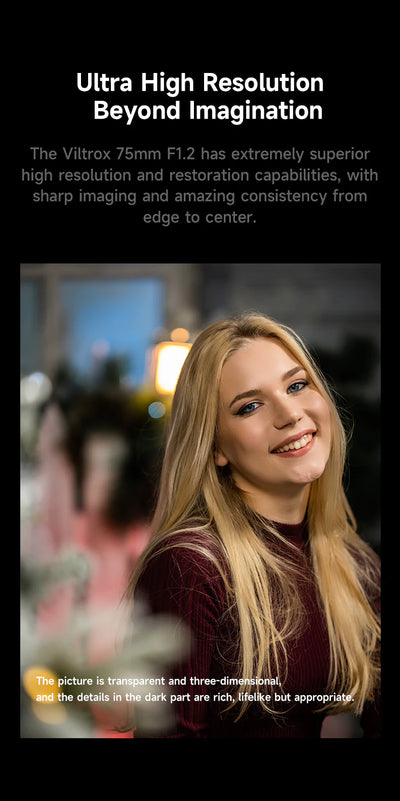 Smiling woman with festive bokeh, portrait sample from the Viltrox 75mm f/1.2 Pro XF