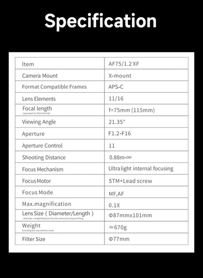 Viltrox AF 75mm f/1.2 XF specifications: X-mount, APS-C, 16 elements in 11 groups, 670g