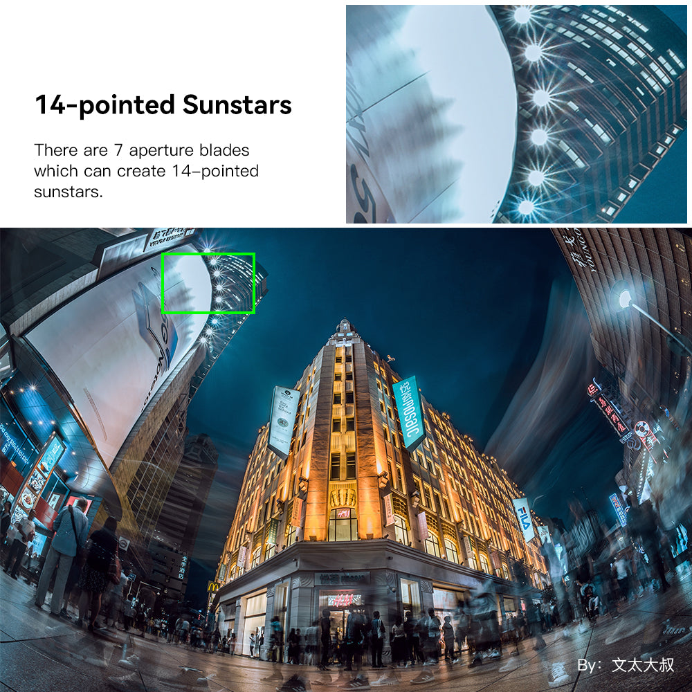 City building at night with 14-point sunstars, TTArtisan 11mm fisheye sample