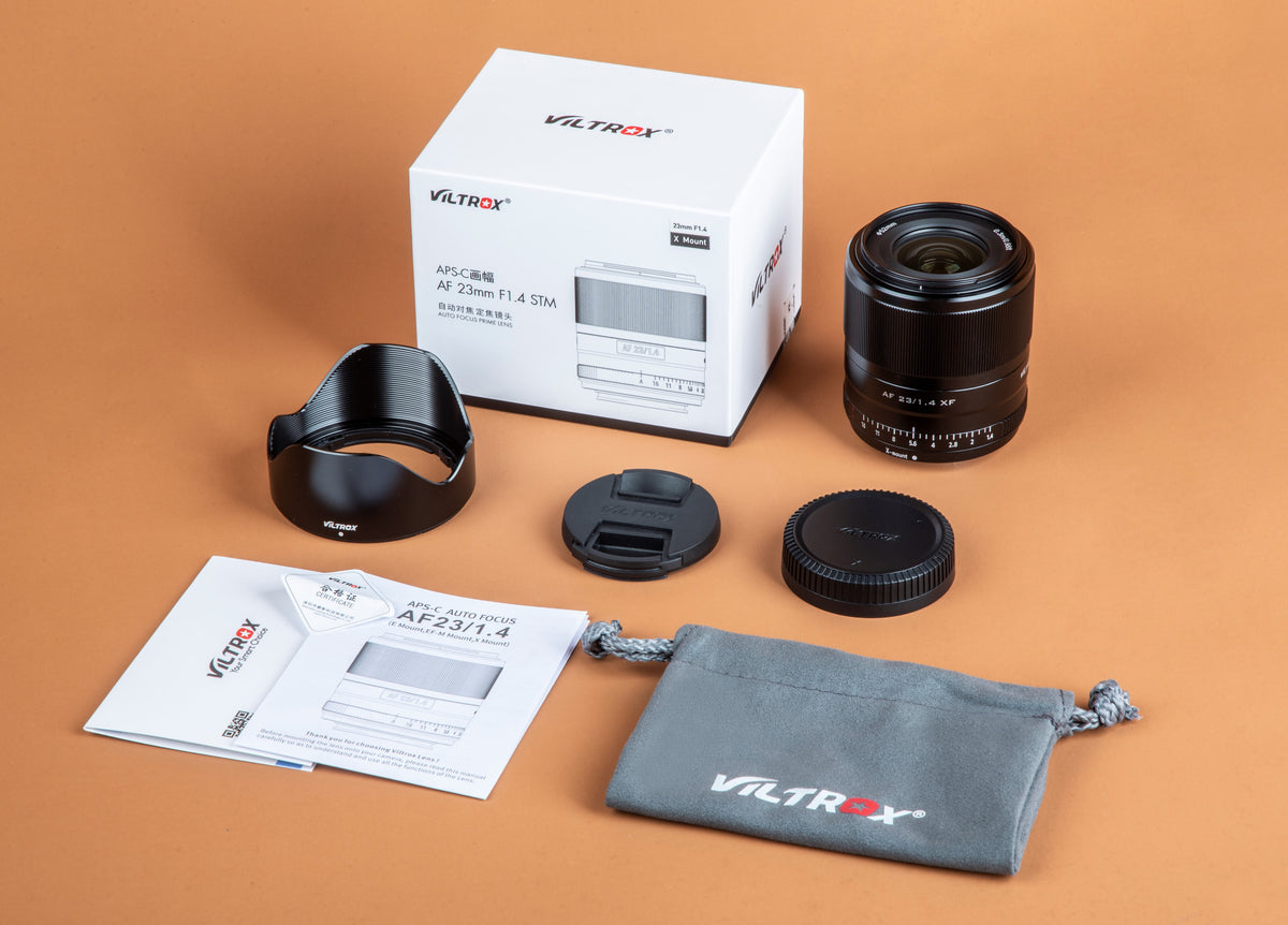 Viltrox AF 23mm f/1.4 E box contents: lens, hood, caps, pouch and manual