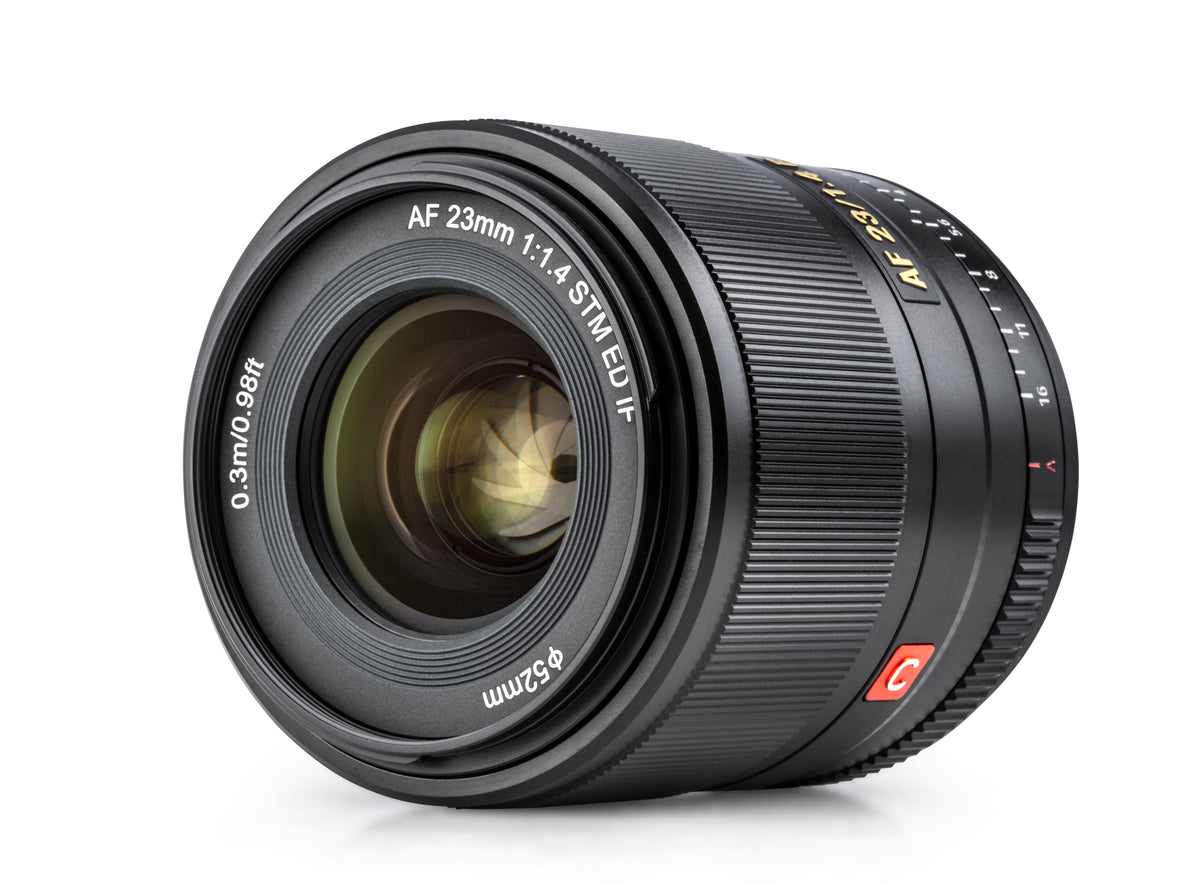 Viltrox AF 23mm f/1.4 E APS-C autofocus lens for Sony E, angled view