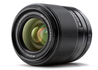 Viltrox AF 33mm f/1.4 XF APS-C autofocus lens for Fujifilm X-mount, angled view
