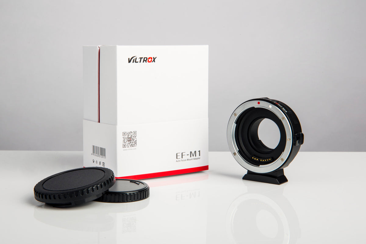 Viltrox EF-M1 adapter with box and front and rear caps