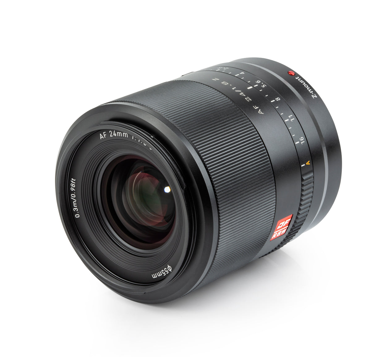 Viltrox AF 24mm f/1.8 lens, front angle view showing 55mm filter thread