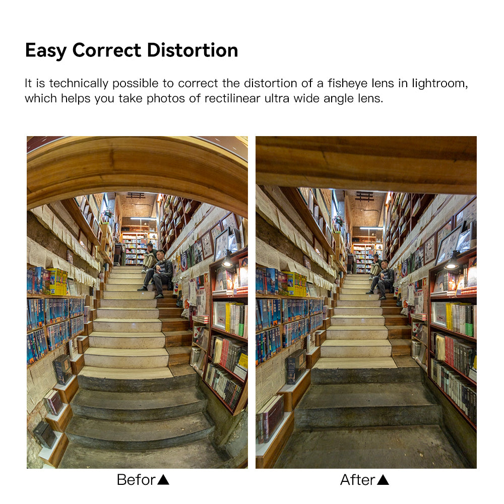 Bookshop staircase before and after fisheye distortion correction