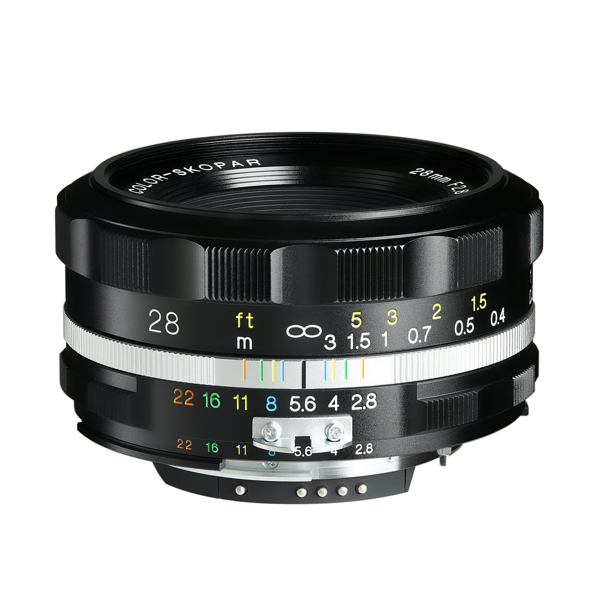 Voigtlander Color-Skopar 28mm f/2.8 SL II lens for Nikon F, black, side view with scales