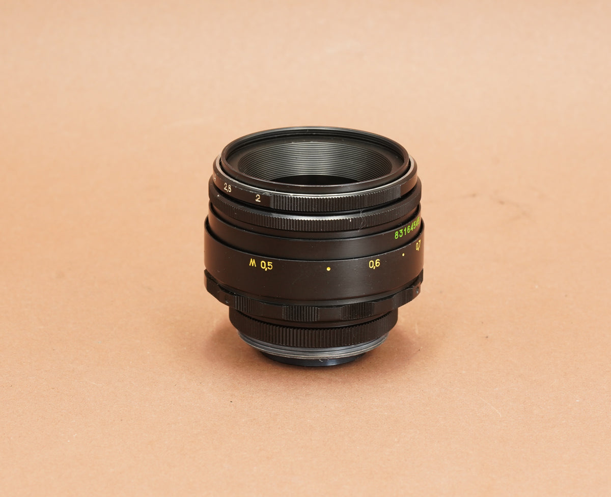 Helios 44-2 58mm f/2 lens, side view with metre focus marks