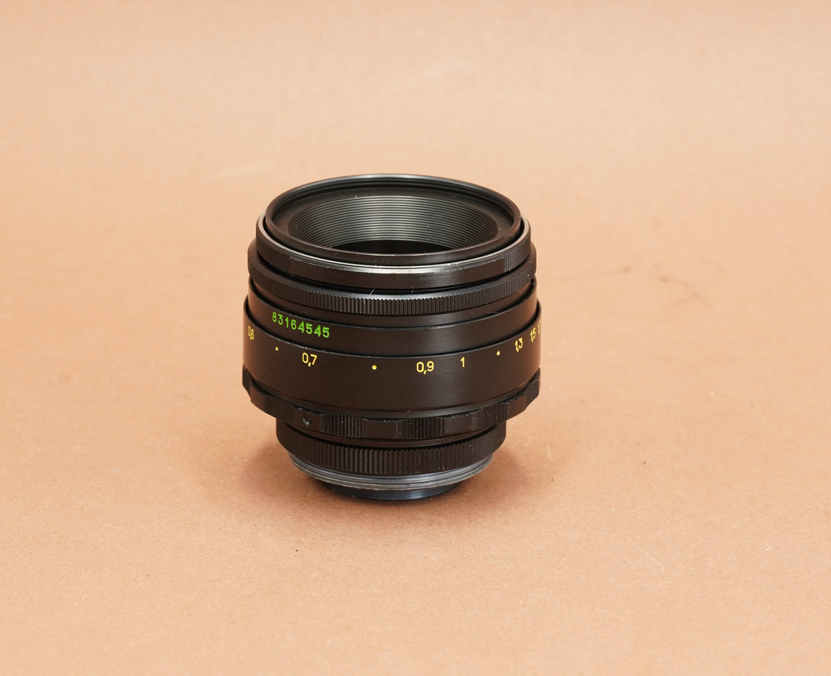 Helios 44-2 58mm f/2 lens, side view with serial number and focus scale