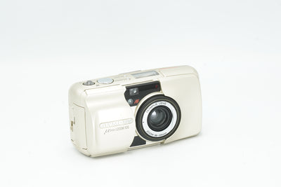 Olympus Mju Zoom 105 champagne compact camera, lens open