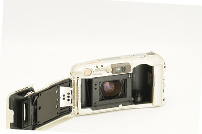 Olympus Mju Zoom 105 with the back open, showing the film chamber