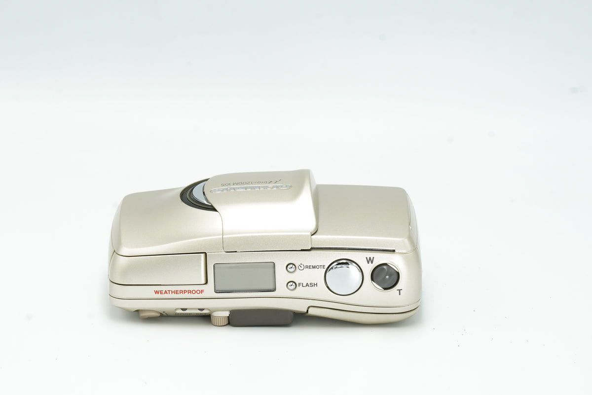 Olympus Mju Zoom 105, top view with LCD panel and zoom buttons