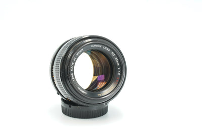 Canon FD 55mm f/1.2 S.S.C. Aspherical lens, front three-quarter view