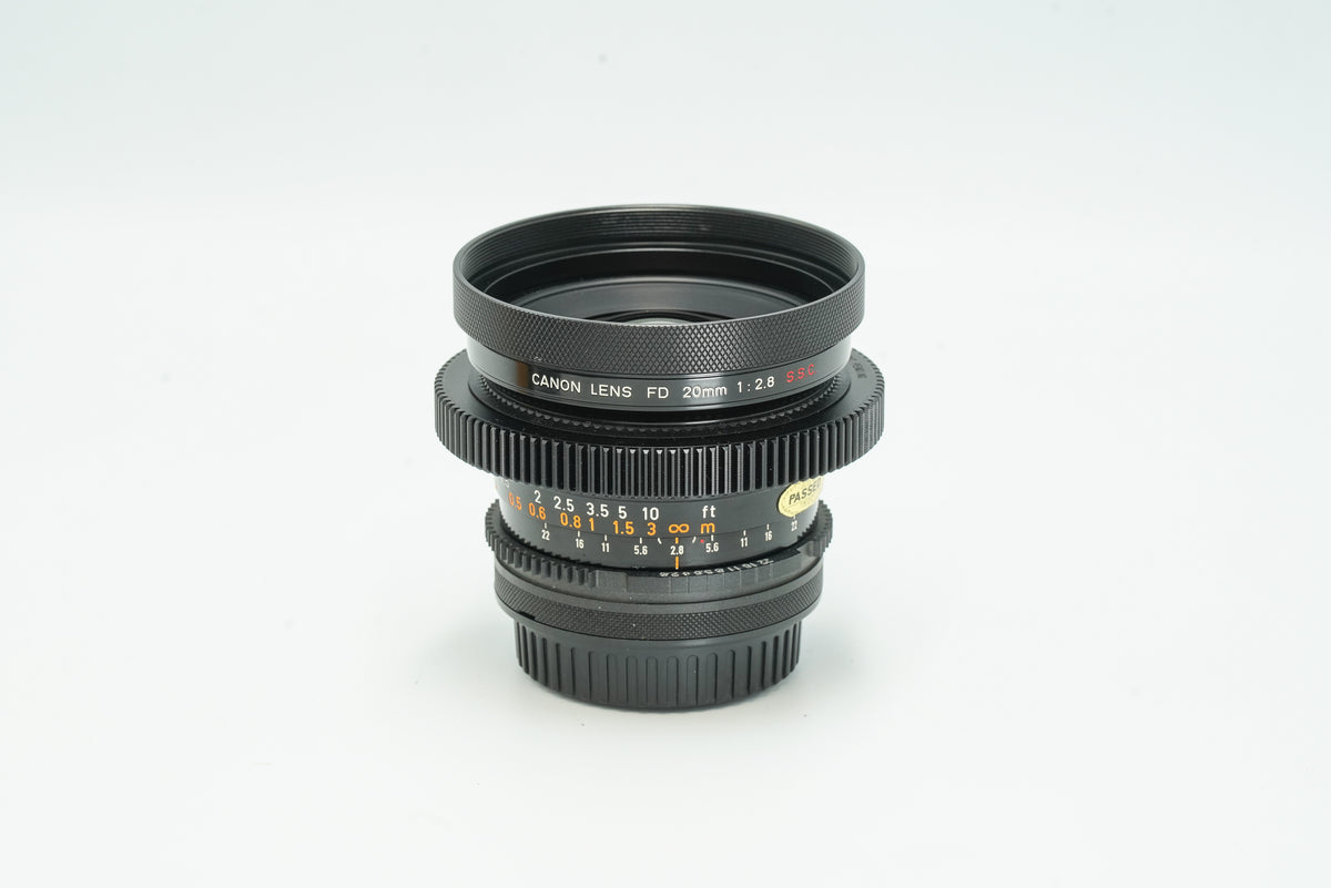 Canon FD 20mm f/2.8 cine-modded lens with gears, front view