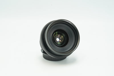 Canon FD 20mm cine-modded lens, angled view of the front element