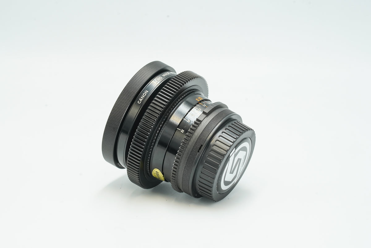 Canon FD 20mm cine-modded lens, angled view with rear cap fitted