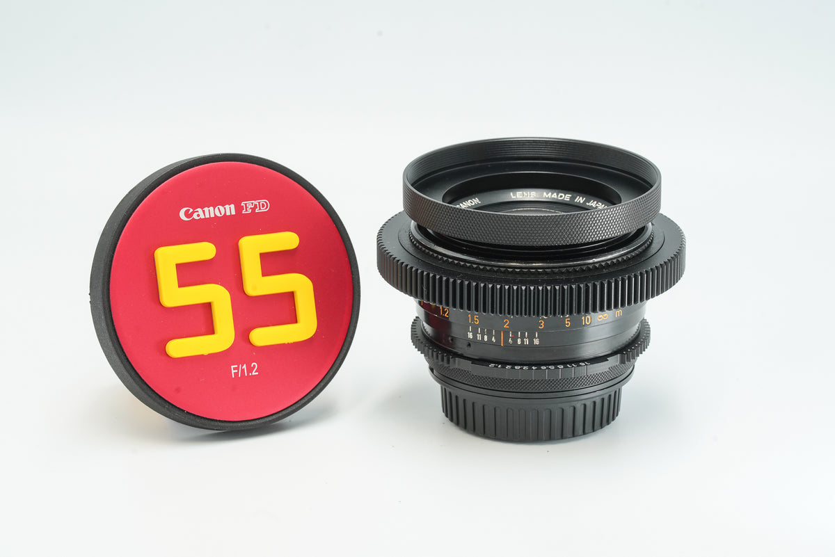 Canon FD 55mm f/1.2 S.S.C. cine-modded to EF with focus gear and 55 front cap