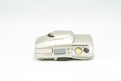 Olympus Mju Zoom 115 Deluxe top view with LCD panel, shutter button and zoom rocker