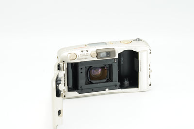 Olympus Mju Zoom 115 Deluxe with the back open, showing the film chamber