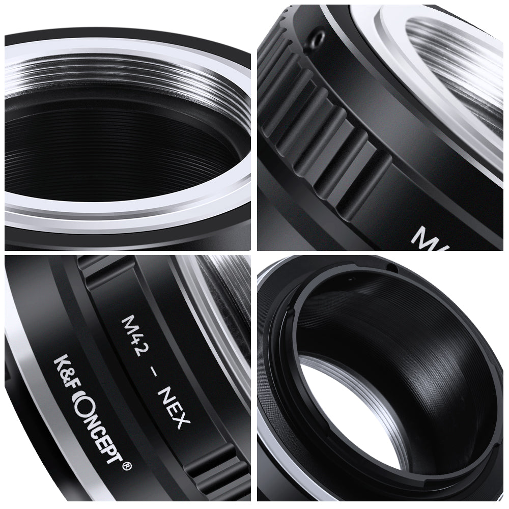 K&F Concept M42 to NEX adapter details: thread, grip and engraving