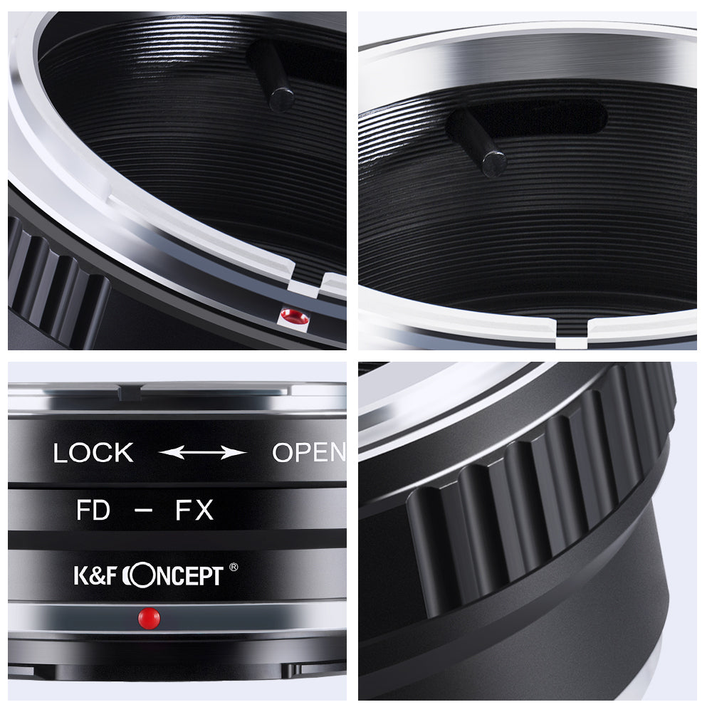 K&F Concept FD-FX adapter detail views of the FD bayonet, engraving and grip