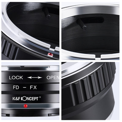 K&F Concept FD-FX adapter detail views of the FD bayonet, engraving and grip