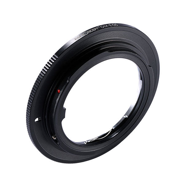 K&F Concept OM to EOS adapter, angled view with red alignment dot