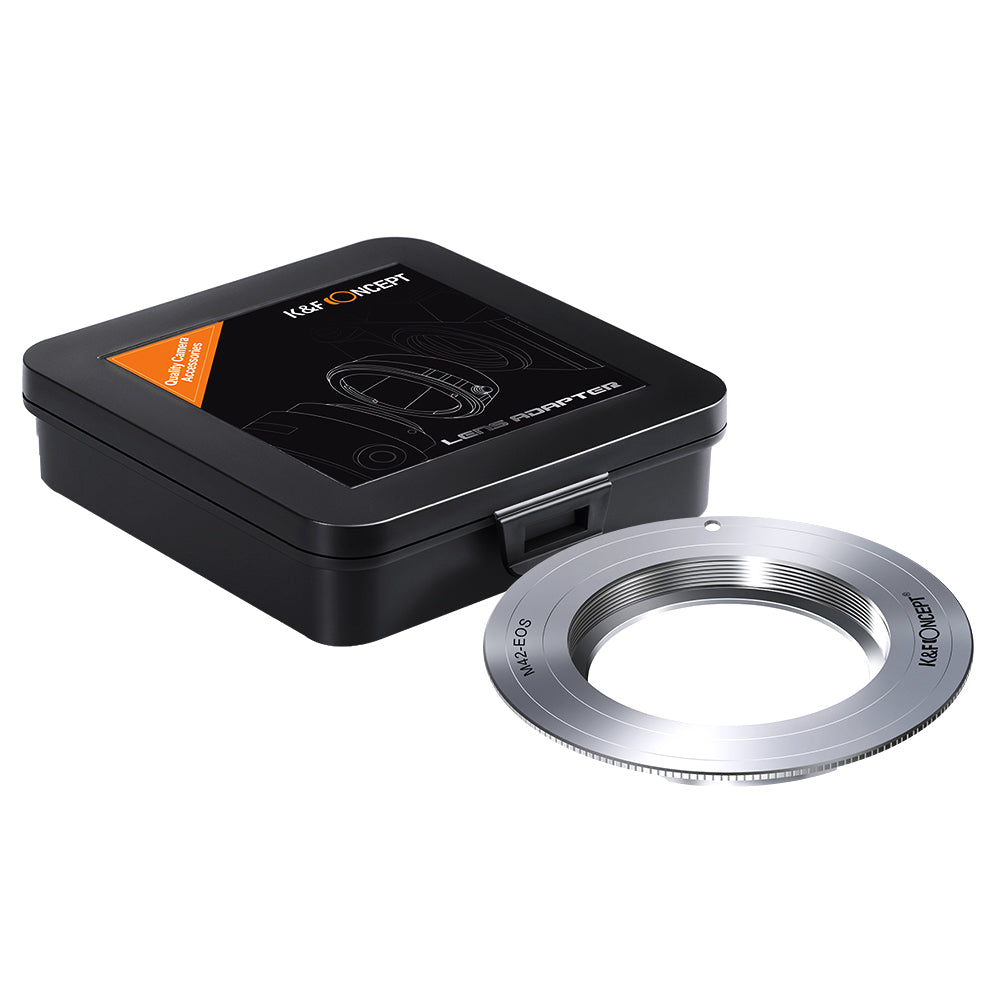 K&F Concept M42 to Canon EF lens mount adapter in silver with storage case
