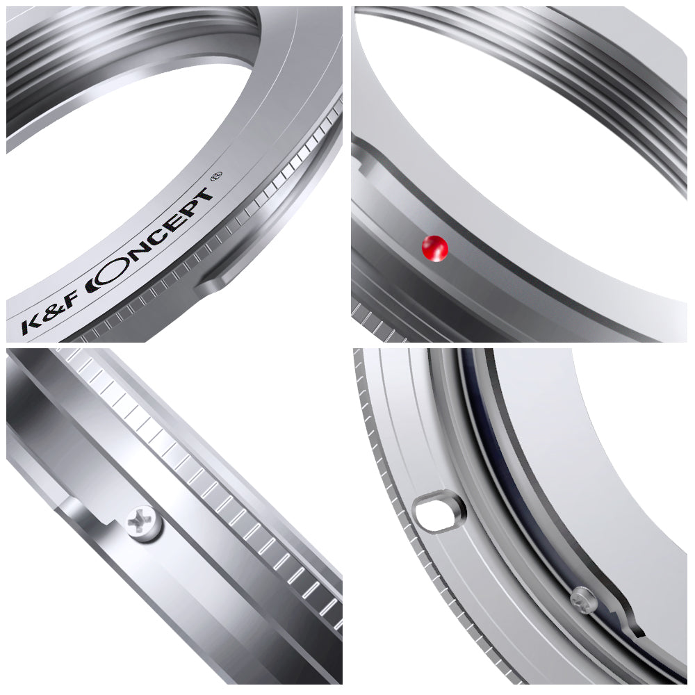K&F Concept M42 to EOS adapter detail views of engraving, red dot, screw and release
