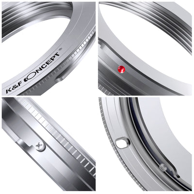 K&F Concept M42 to EOS adapter detail views of engraving, red dot, screw and release