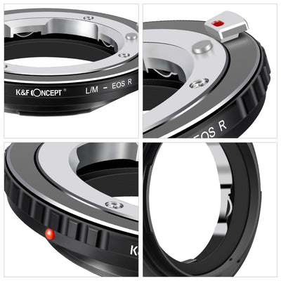 K&F Concept LM to EOS R adapter details: engraving, lens release button, alignment dot and RF bayonet