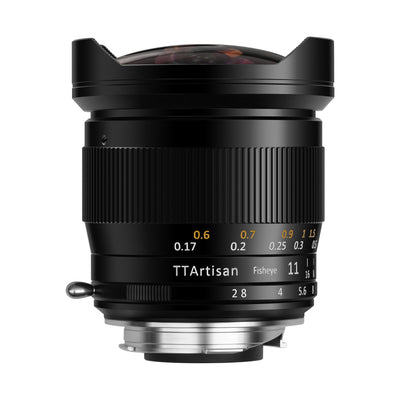 TTArtisan 11mm f/2.8 full-frame fisheye lens in black, front view with scales