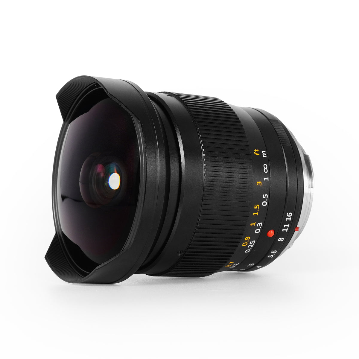 TTArtisan 11mm f/2.8 fisheye, angled view of the bulbous front element