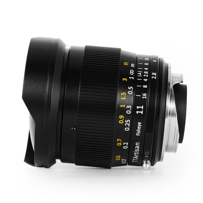 TTArtisan 11mm f/2.8 fisheye, side view with focus and aperture scales