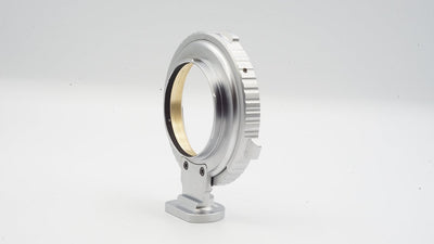 SIMMOD PL to EF adapter, side view with brass inner ring and tripod foot
