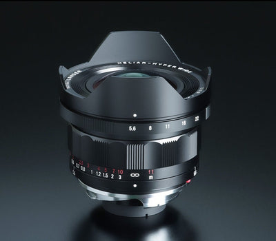 Voigtlander Heliar Hyper Wide 10mm f/5.6 on a dark background