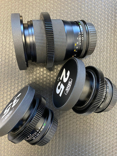 Cine-modded vintage lenses fitted with SIMMOD focus gears and front cine caps