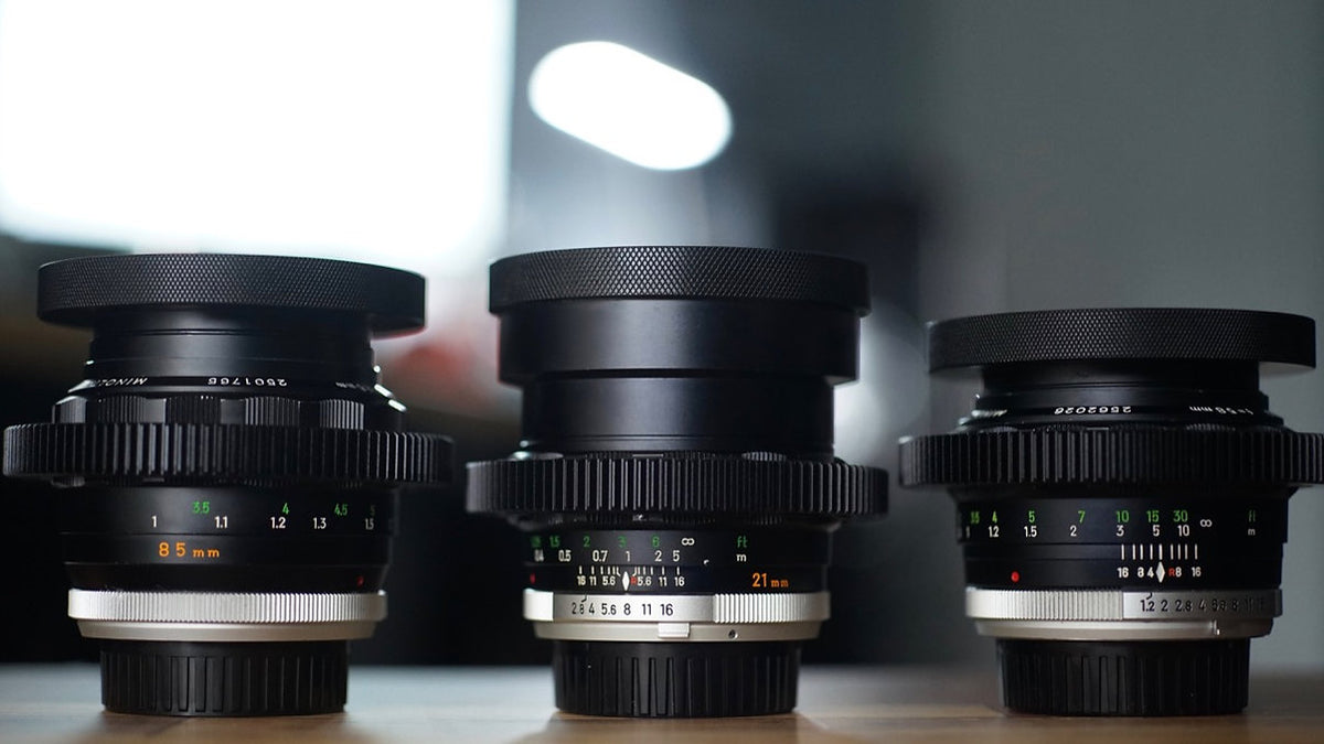 Three cine-modded vintage lenses with matching SIMMOD front rings